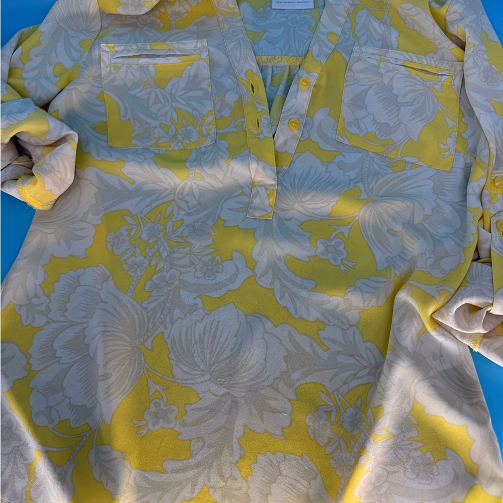 New York & Company Yellow and Cream Floral Top